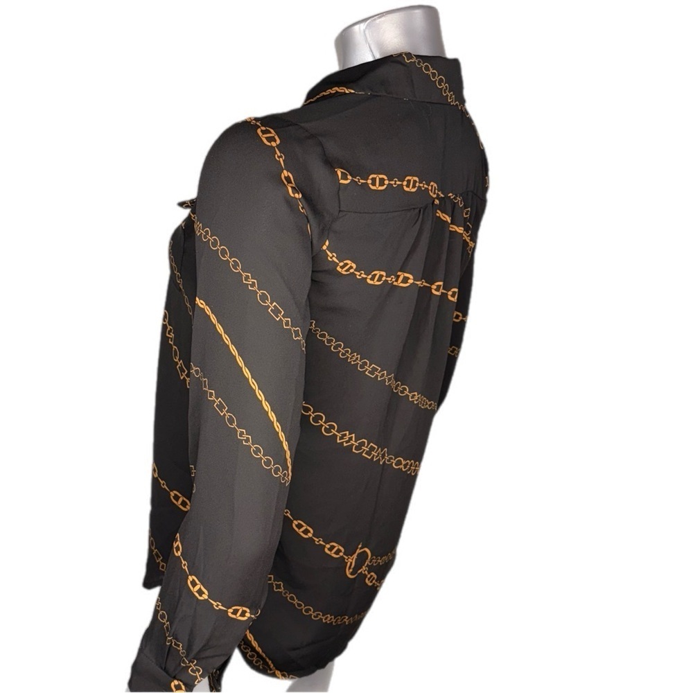 Ann Taylor | Black and Gold Chain Print Quarter Button Blouse - Picture 6 of 11
